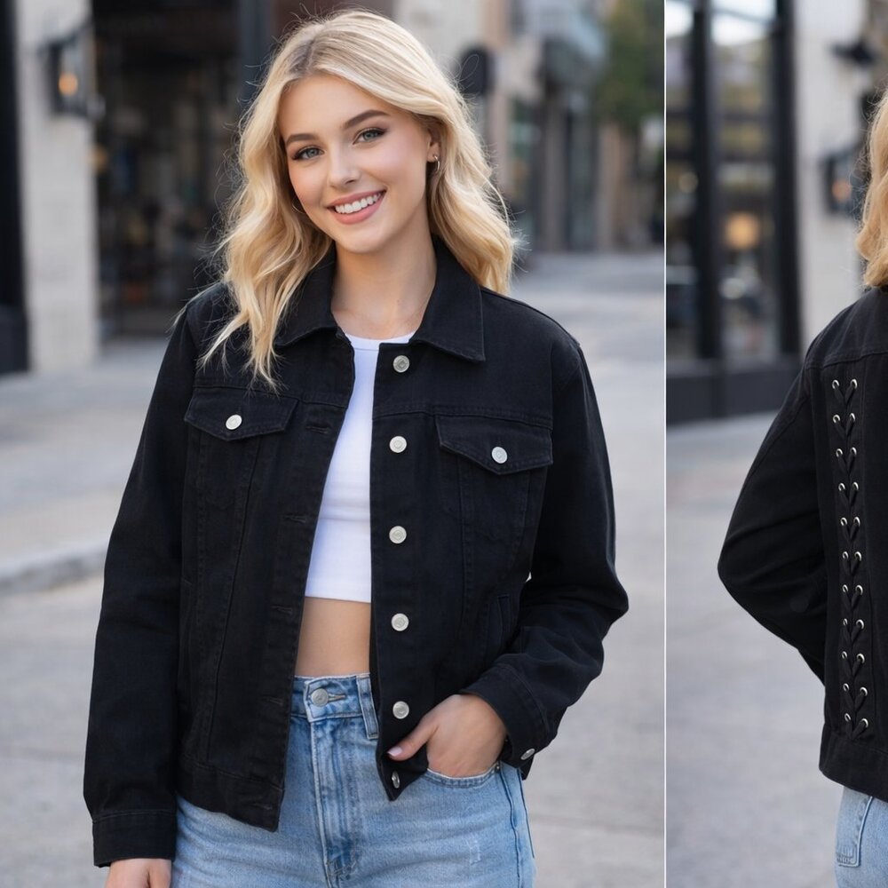 PacSun Los Angeles Jean Jacket Womens Size Small Black Braided Laced Back - Picture 6 of 16